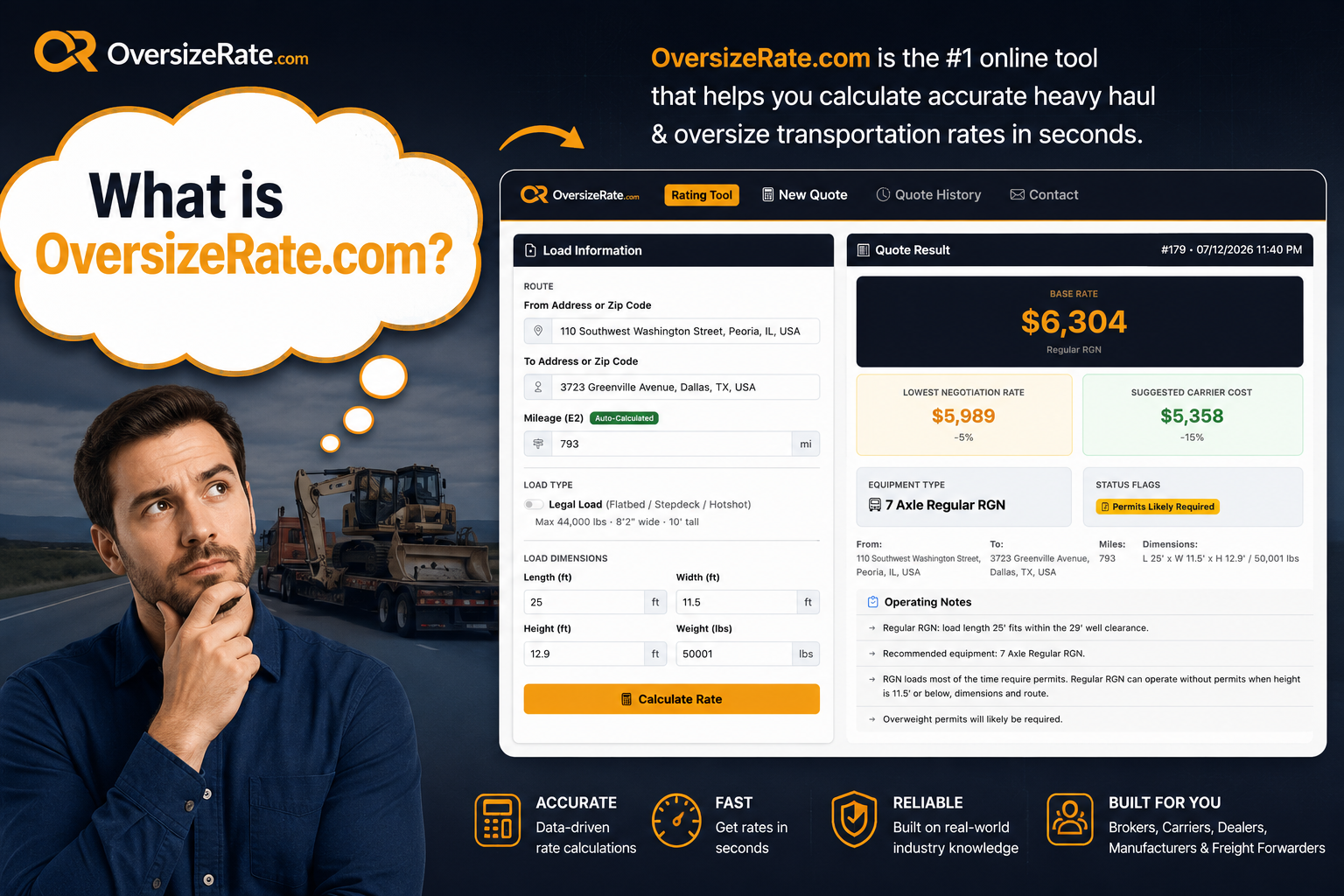 OversizeRate.com Heavy Haul Rate Calculating Tool for oversize and heavy equipment transportation pricing across the United States
